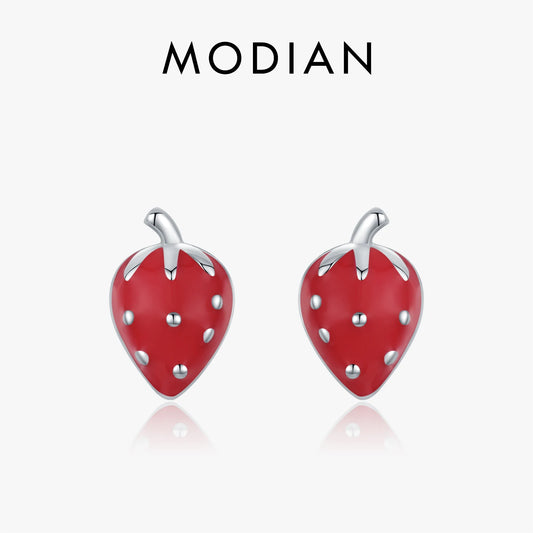 MODIAN 925 Sterling Silver Cute Sweet Small Strawberry Stud Earrings For Women Girls Party Fine Jewelry Accessories