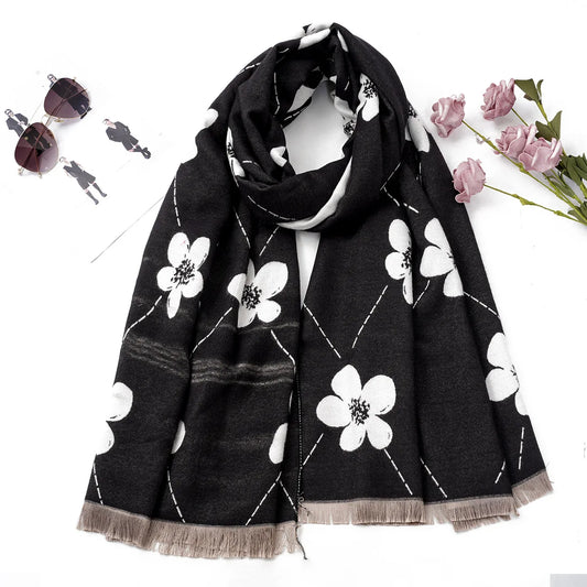Hot selling imitation cashmere face dual color flower jacquard pashmina long style soft and warm casual short beard scarf shawl