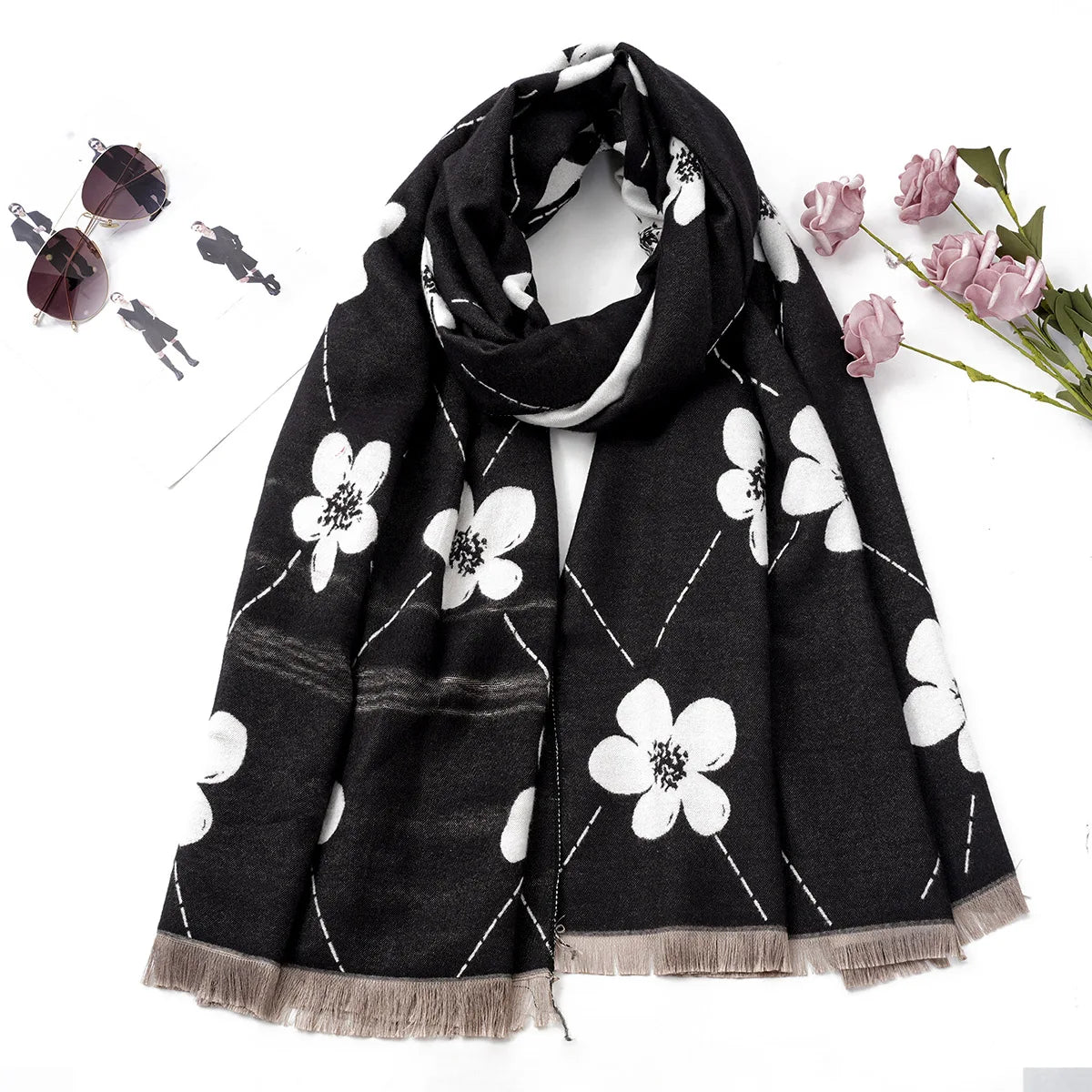 Hot selling imitation cashmere face dual color flower jacquard pashmina long style soft and warm casual short beard scarf shawl
