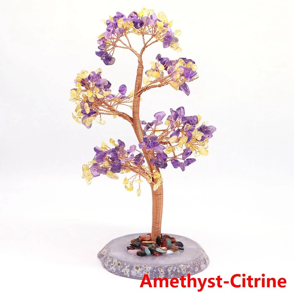 Natural Healing Crystal Stone Amethyst Tree Wire Wrapped Agate Flake Base Home Office Desk Living Room Feng Shui Decor Gifts