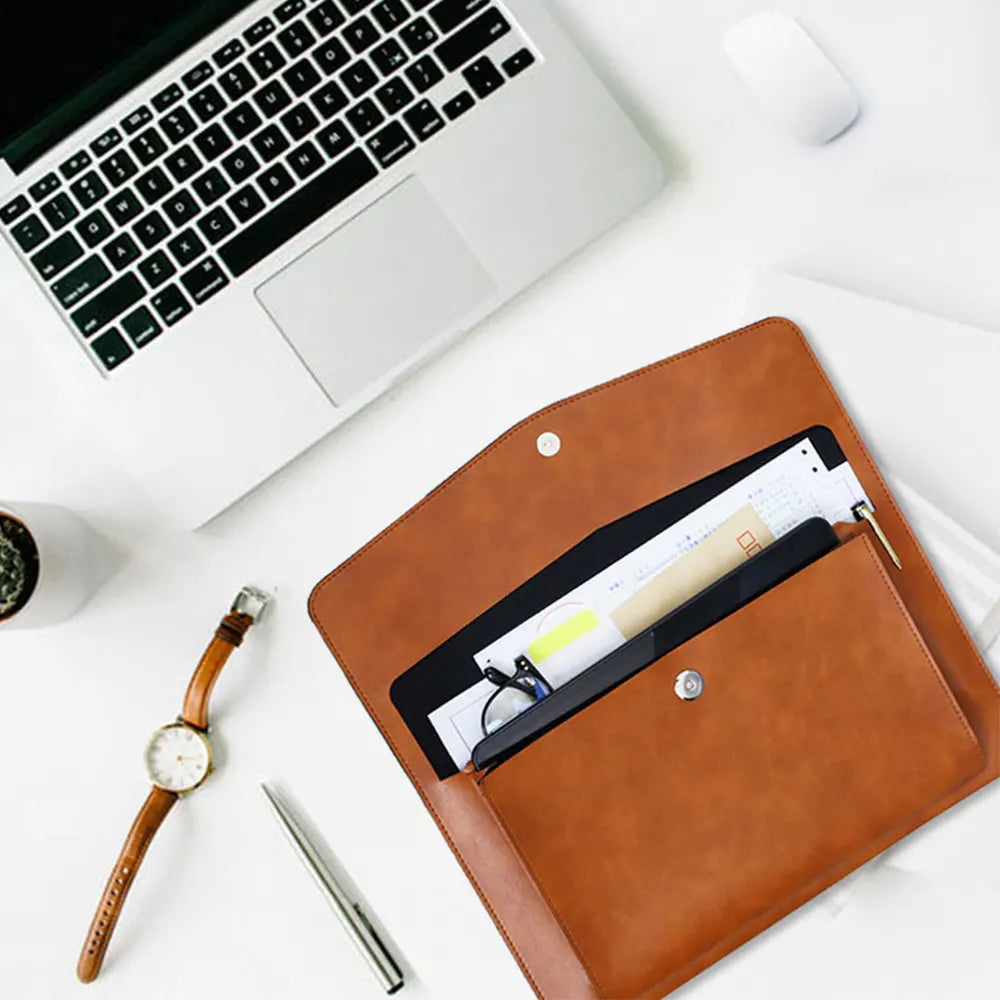 Hemasa A4 Leather File Folder Large Document Bag Business Briefcase Magnetic Button Waterproof Laptop Cases Office Organizer