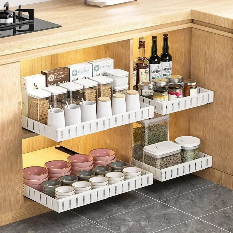 Attached Dish Rack Stainless Steel Household Kitchen And Storage Cabinets Organizer With Slide Retractable Pull-out Sink Rail