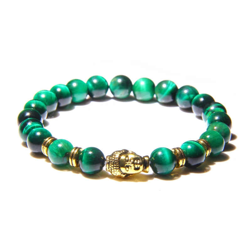 Buddha Head Charm Bracelet 8MM Yellow Tiger Eye Lava Stone Bead Bracelet Healing Energy Yoga Prayer Jewelry Gift For Women Men