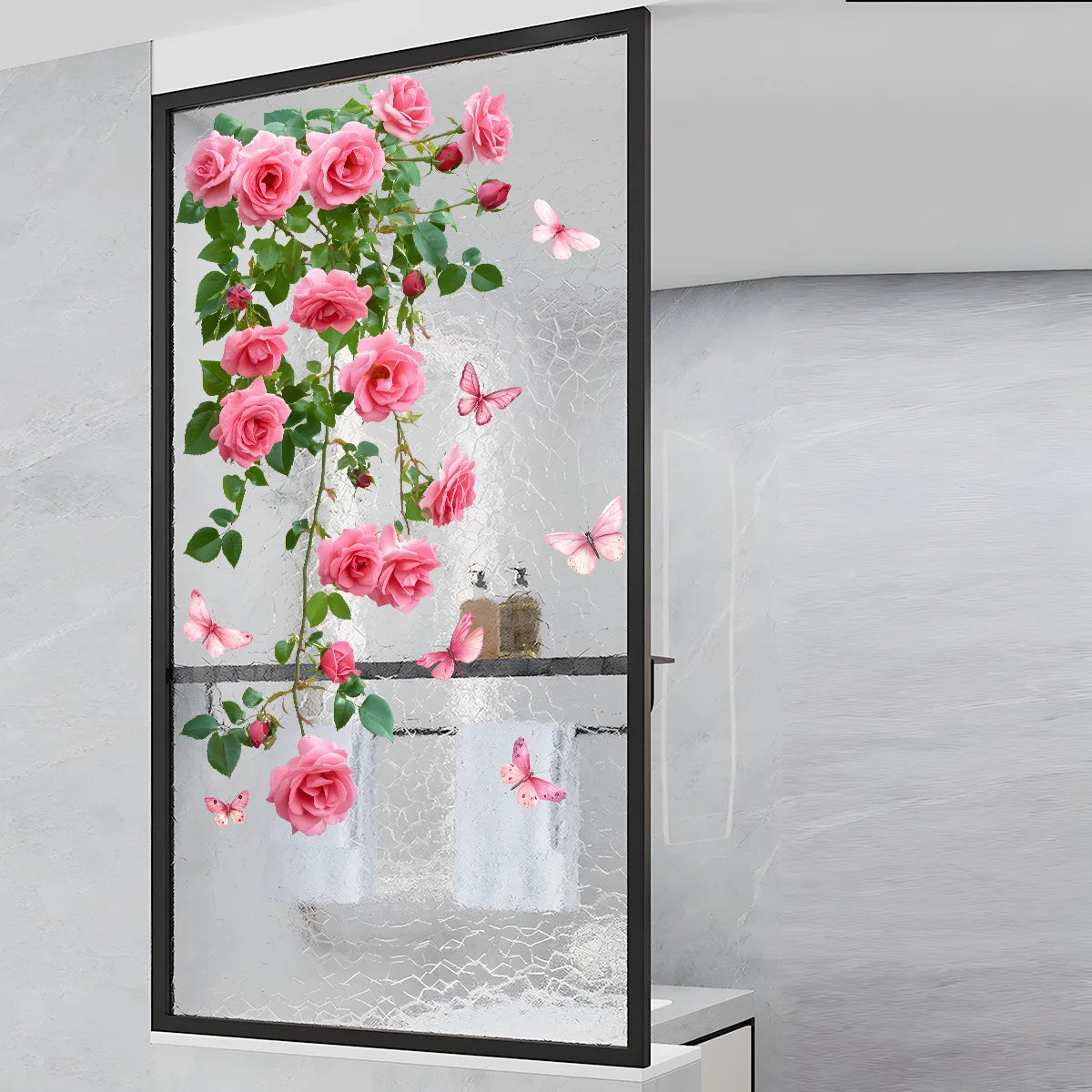 Tejesa Flower Vine Window Decal Pink Rose and Butterfly Design Bathroom Living Room Bedroom Wall Sticker Glass Door Wall Decorat