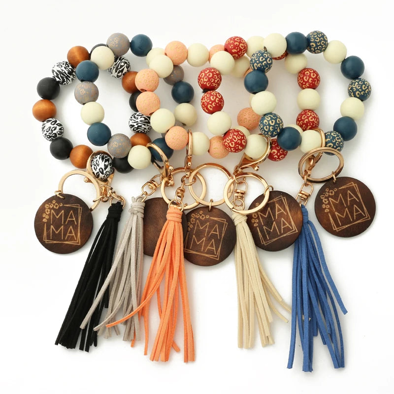 Hemasa Silicon Beads Wooden Disc Bracelet Tassel Keychain Wristlet Gift for Her Key Ring