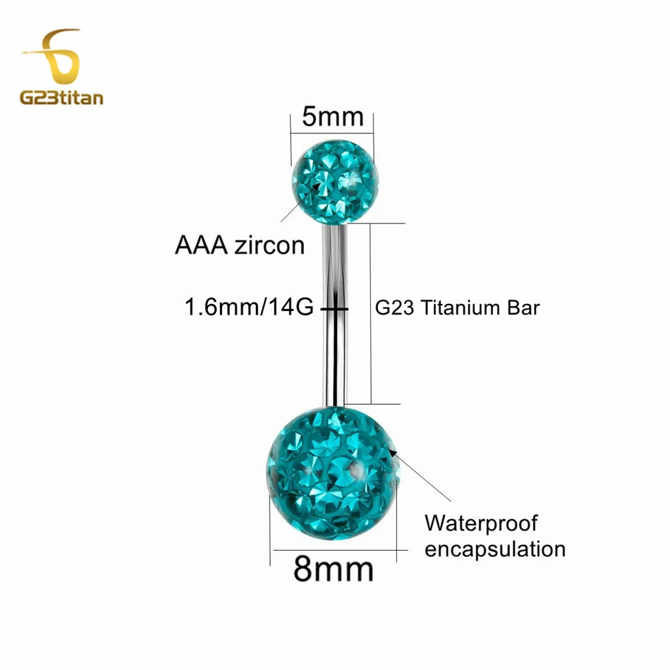 G23titan Waterproof Disco Clay Ball Belly Button Ring 6-16mm Length 14G Titanium Body Piercing Navel Bar Women Summer Jewelry