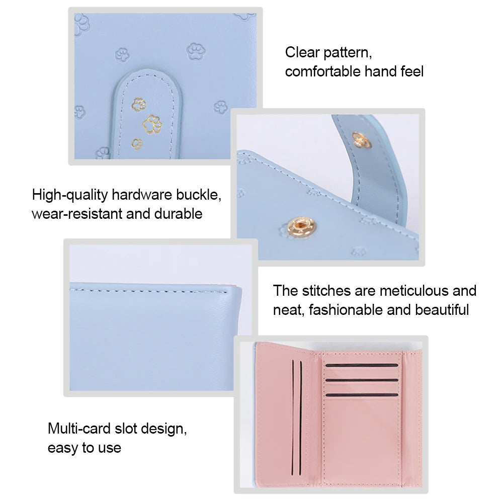 Cute Dog Paw Pattern Snaps Wallet Multi-card Slots ID Holder Card Holder Tri-fold Light Color Short Student Coin Purses Clutch
