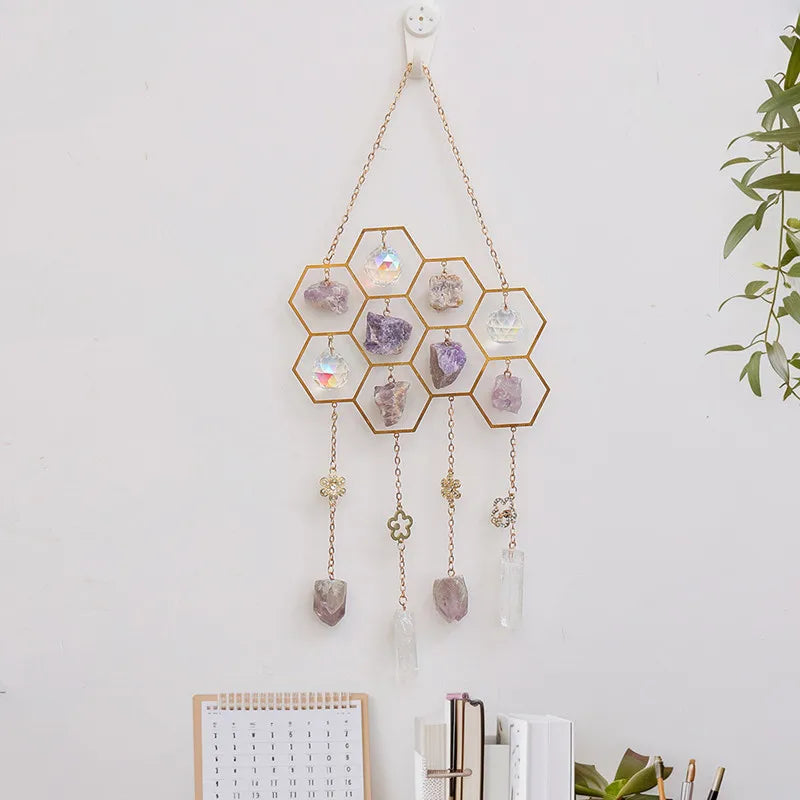 Crystals Honeycomb Suncatcher Window Hanging Decor Raw Mineral Amethyst Fluorite Gems Natural Stones Home Indoor Ornament Gifts