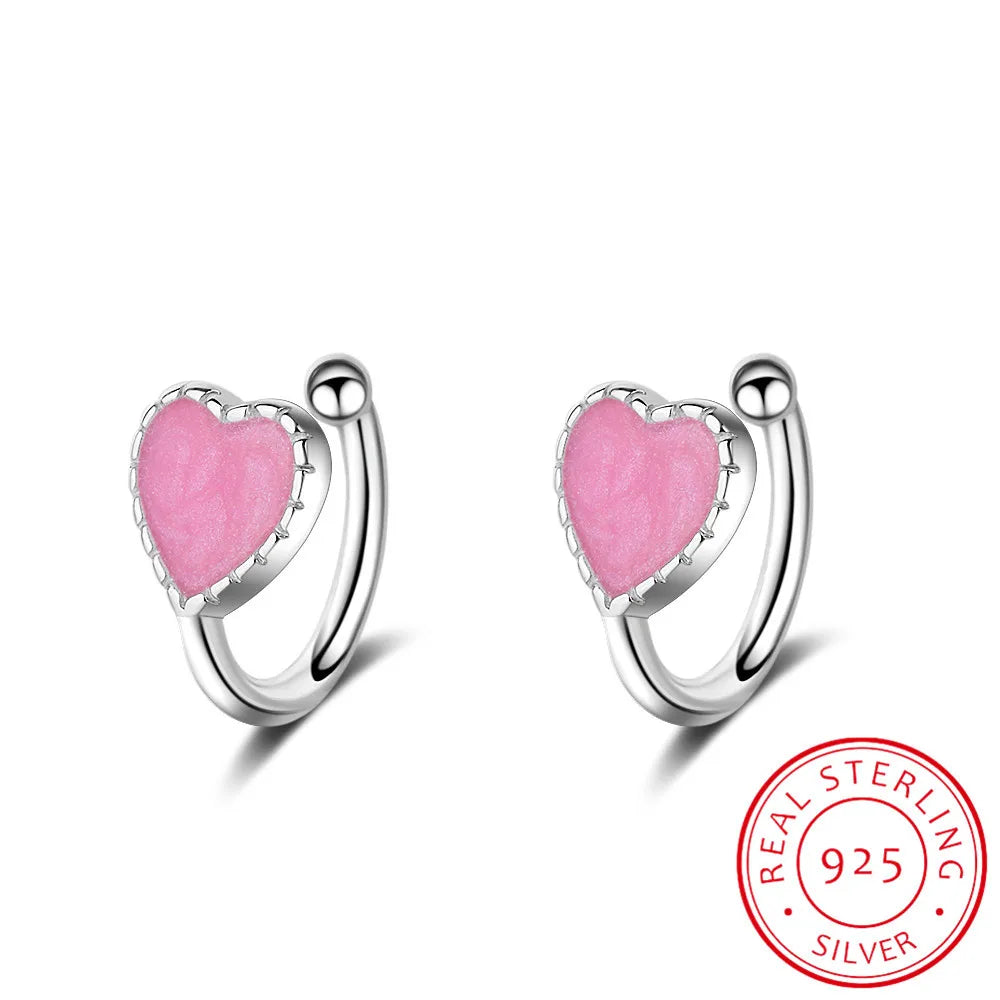 Fashion Childer 925 Silver Pink Green Enamel Cute Heart Clip Earring For Baby Girl Women Beautiful Party Earring Jewelry Eh312