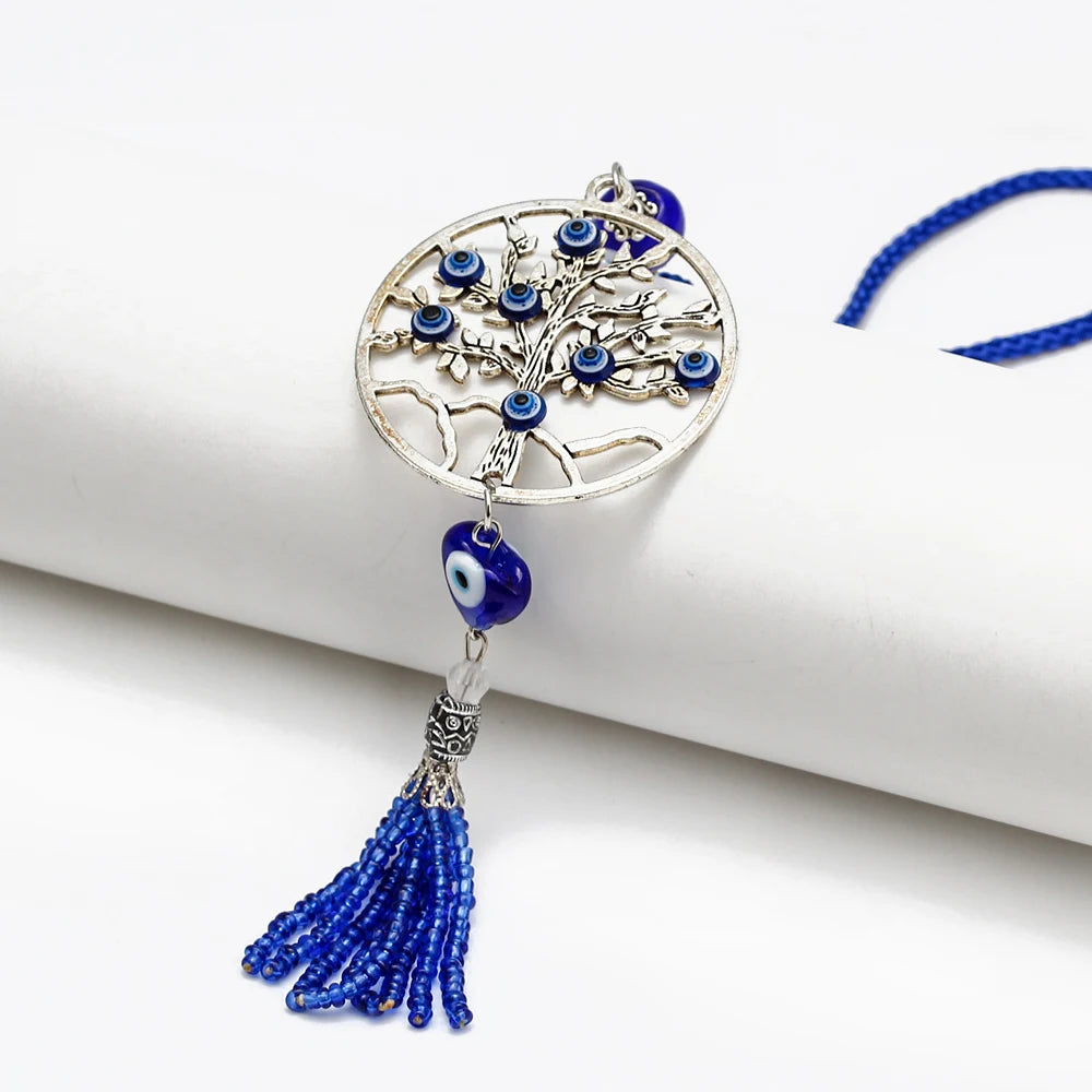 Lucky Eye Alloy Tree of Life Pendant Wall Hanging Tassel Heart Turkish Evil Eye Bead Keychain Car Keyring for Women Men Jewelry