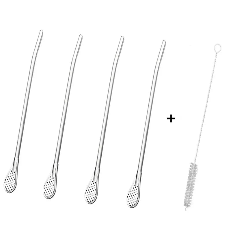 Stainless Steel Drinking Straw Spoon Tea Filter Detachable Reusable Metal Straws with Brush Drinkware Bar Party Tool Accessories