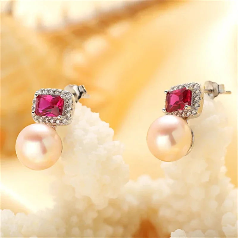 High Quality Red Zircon 925 Sterling Silver Earrings Jewelry 100% Genuine Natural Freshwater Pearl Stud Earrings for Women