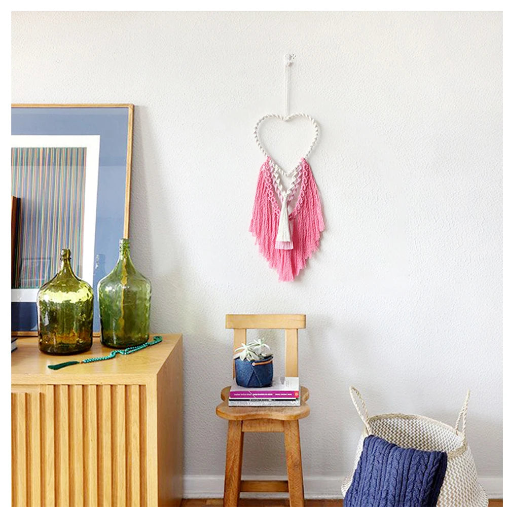 Heart-shaped Macrame Wall Art Boho Home Decor Handmade Woven Pink Love Wall Hanging Tapestry Ornaments for Girls Room Decoration