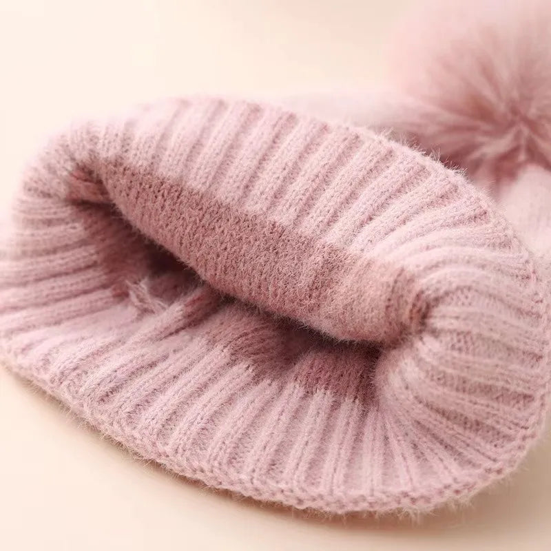 Fur Pompom Baby Hat Heart Printed Knitting Autumn Winter Newborn Infant Beanie Cap Toddler Warm Crochet Girls Boys Hats