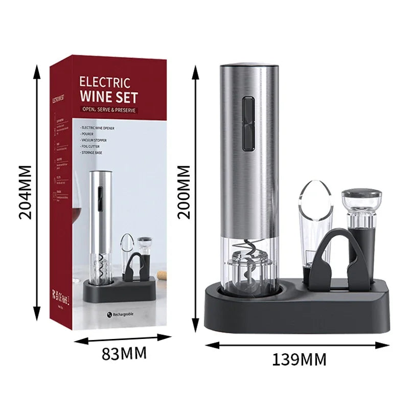 Tejesa 4In1 Electric Wine Opener Set /Rechargeable Automatic Corkscrew Bottle Opener with Foil Cutter Pourer Vacuum Stopper Storage Base