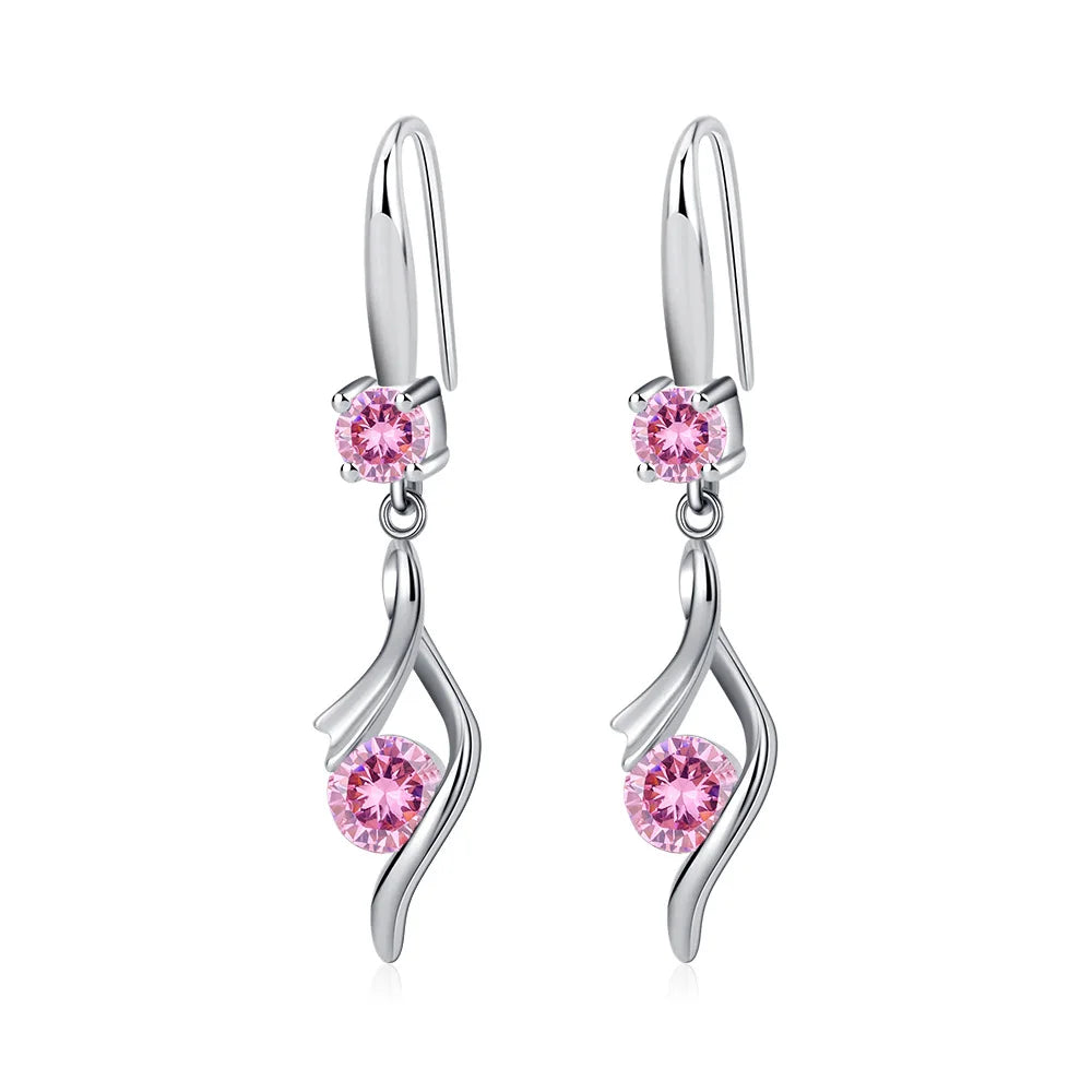 Hemasa 925 Silver Earrings Sweet Pink Zircon Geometric Drop Earrings for Women