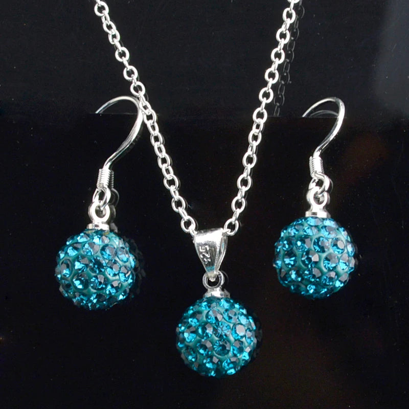 Brand Female Jewelry Set Women's Fashion Ab White Crystal 10mm Ball Drop Earrings Necklace Pendant Set Silver Color Wholesale