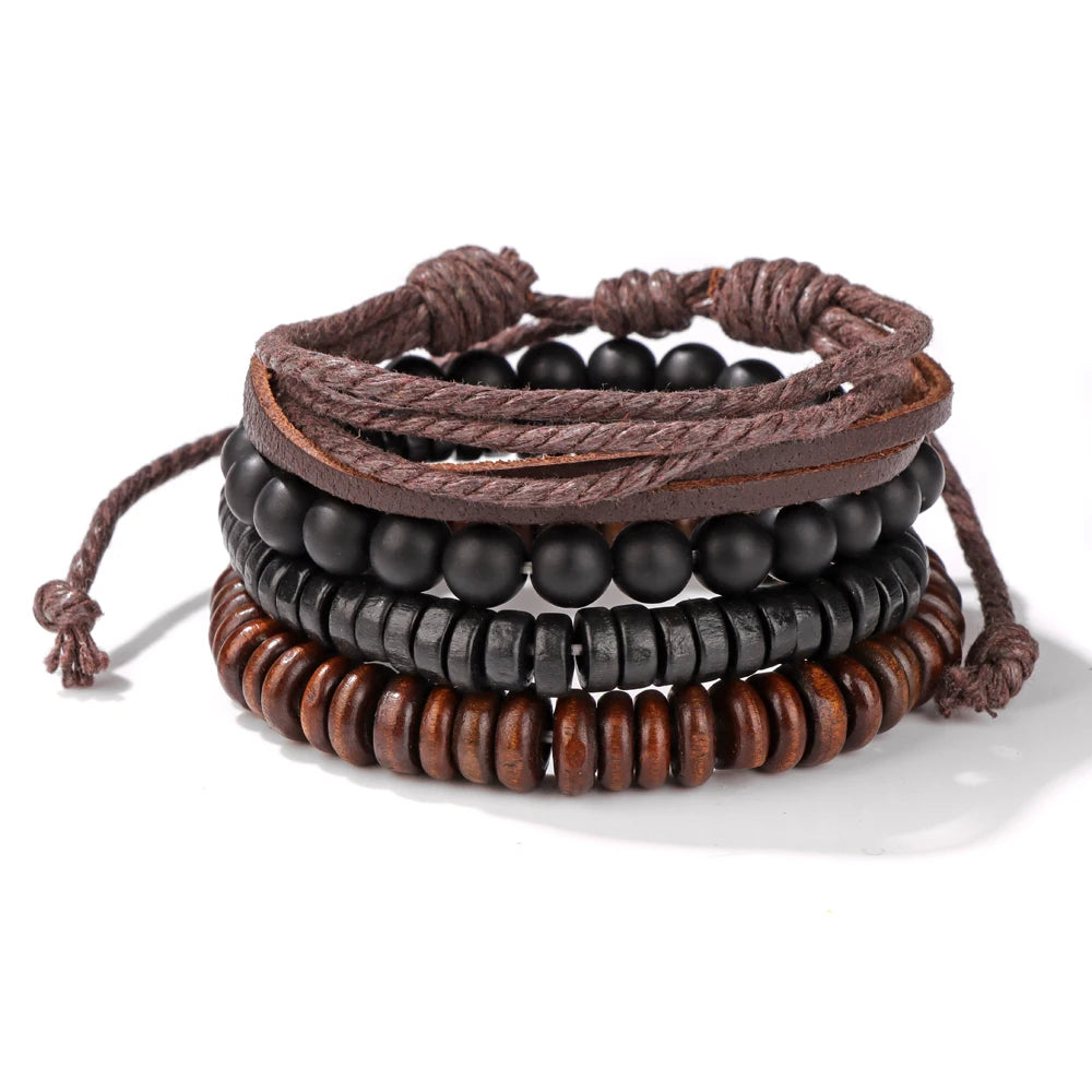 Fashion Braided Wrap Leather Bracelet Vintage Wood Beads Feather Skull Arrow Ethnic Bracelets Bangles Men Women Energy Jewelry