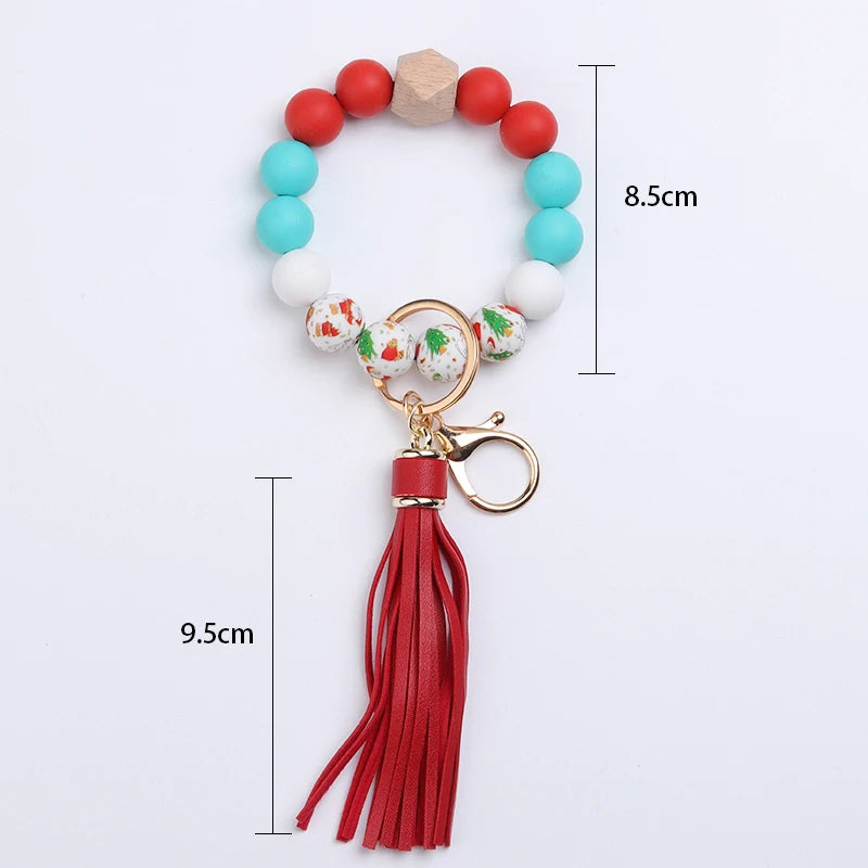 Hemasa Green Christmas Tree Silicone Bead Keychain Red Tassel Bracelet Keyring Accessories Woman Man Bracelet Gifts Bag Pendant