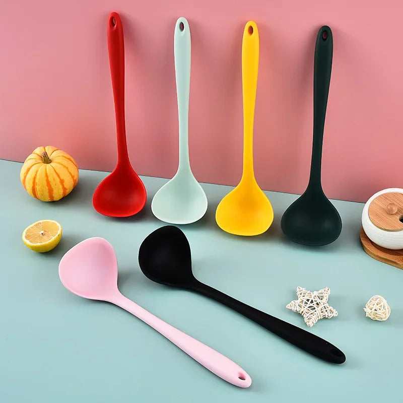 Hemasa Silicone Ladle Soup Spoon Non-stick Curved Handle Unbreakable Big Round Scoop for Dinner