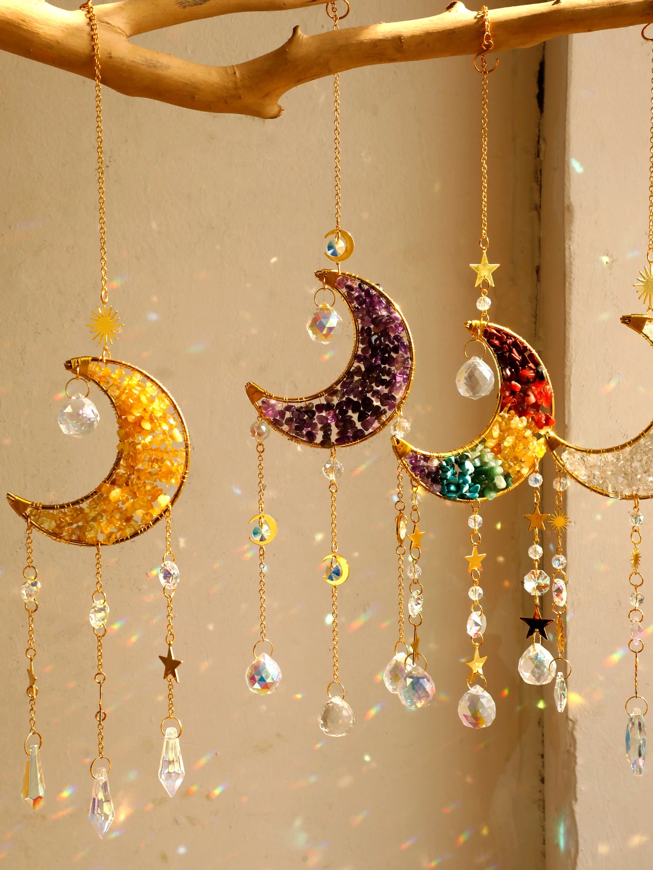 Hemasa Moon Star Crystal Suncatcher Hanging Decoration Rainbow Maker Natural Stone Light Catcher for Window Outdoor Room Ornament Gift