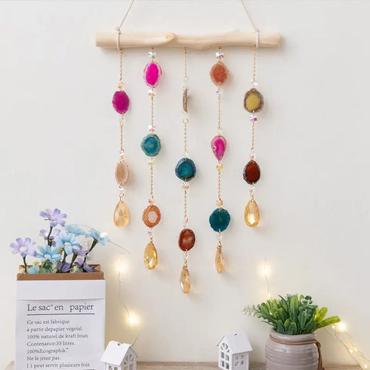 Natural Raw Stones 7 Chakras Crystals Reiki Healing Wooden Hanging Ornament Gemstones Suncatcher Home Decor for Yoga Meditation