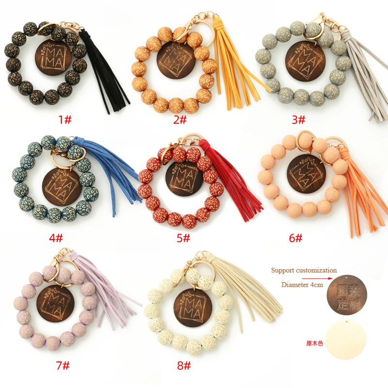 Hemasa Silicon Beads MAMA Monogram Wood Blank Wooden Disc Bracelet Tassel Keychain Wristlet Gift for Her Key Ring