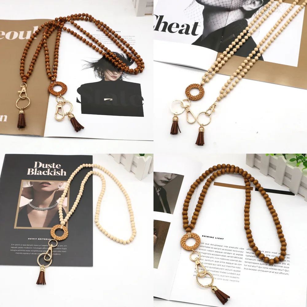 Rattan Wood Bead Lanyard Keychain Work ID Badge Necklace Boho Strap Nurse Teacher Gift Beaded Lanyard Charm Breakaway Clasp