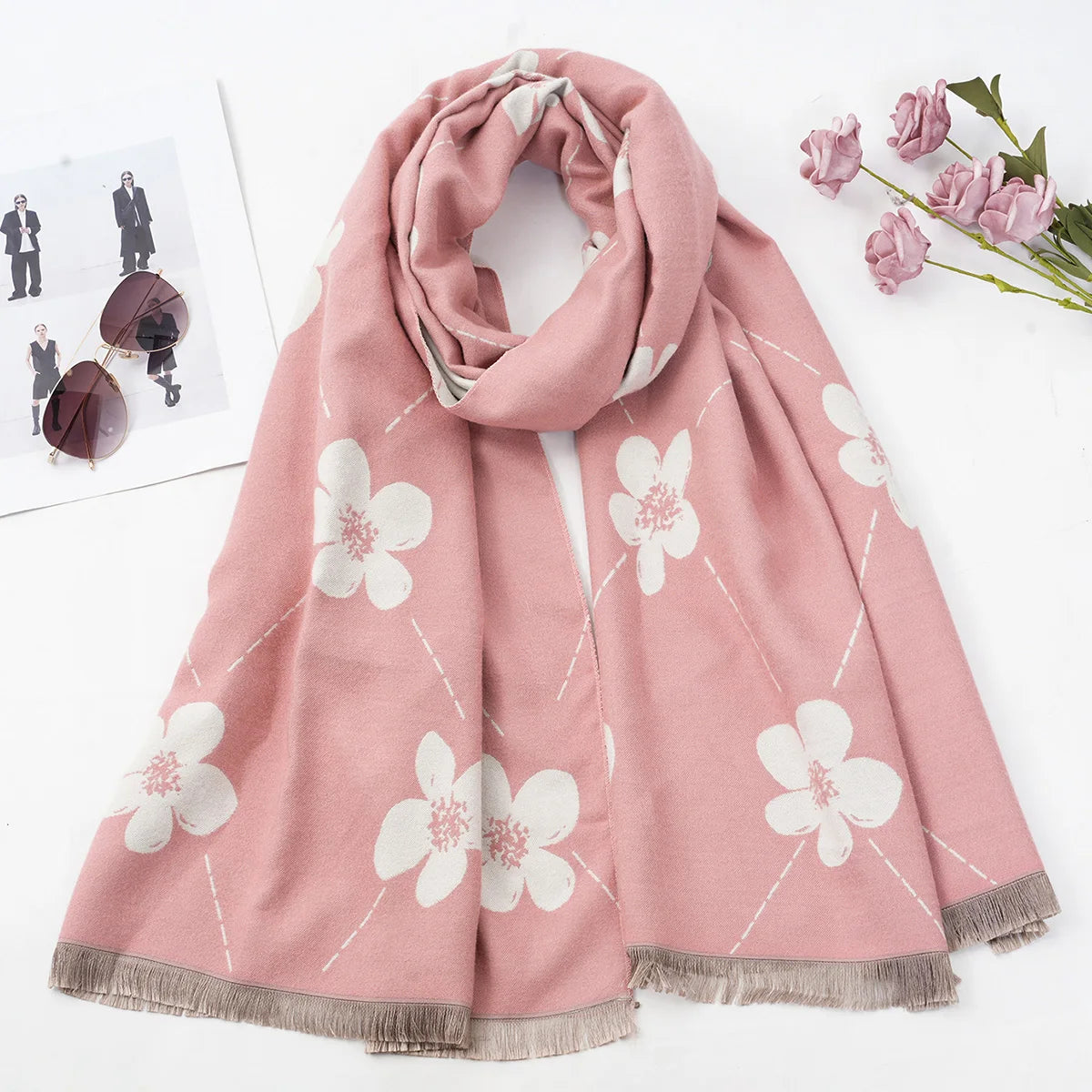 Hot selling imitation cashmere face dual color flower jacquard pashmina long style soft and warm casual short beard scarf shawl