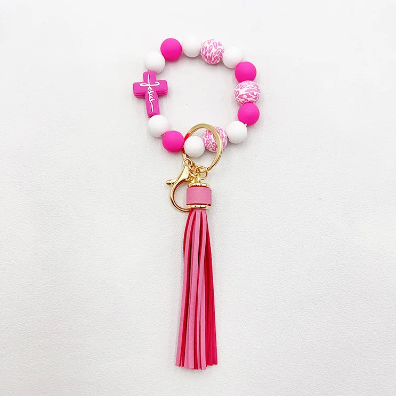 Amazon Hot sell Creative Silicone Beads Hand Stream Wood Big Bead Wrist cross leopard Key Chain bag Pendant Bracelet Keychain