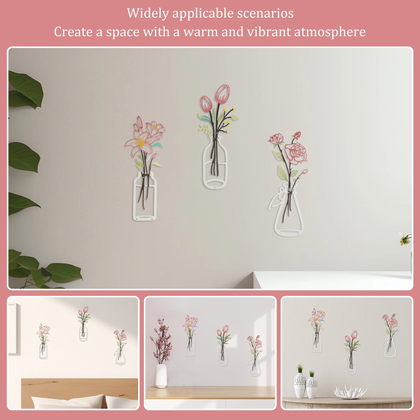 3Pcs Flower Silhouette Painting Wall Decal Decor Metal Flowers Wall Arts Minimalist Rustic Farmhouse Decor Bathroom Wall Decor