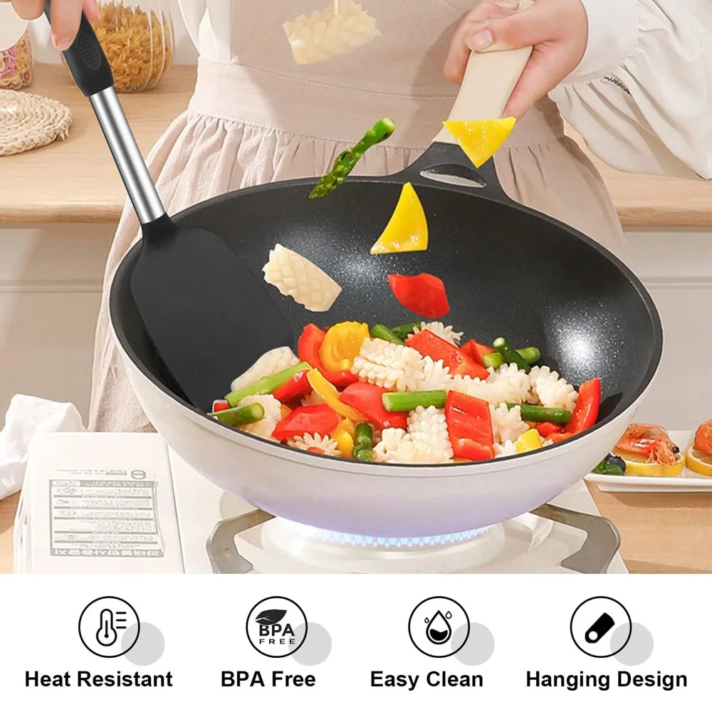 Hemasa 4 PCS Silicone Kitchen Cookware Spatula Colander Cooking Utensils /Stainless Steel Leaky Spatulas