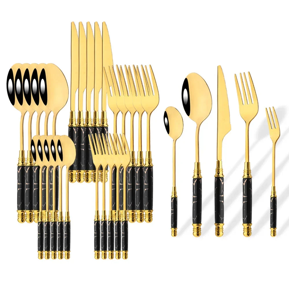 Hemasa 30Pcs   Ceramic Handle Tableware Forks and  Spoons  Knife Set Stainless Steel Dinnerware Cutlery Set