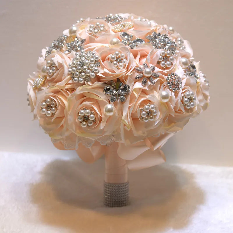Tejesa Fancy 9.8in Bridal Wedding Bouquet with Crystal Pearl Artificial Silk Rose Flower Bouquet for Bride Wedding