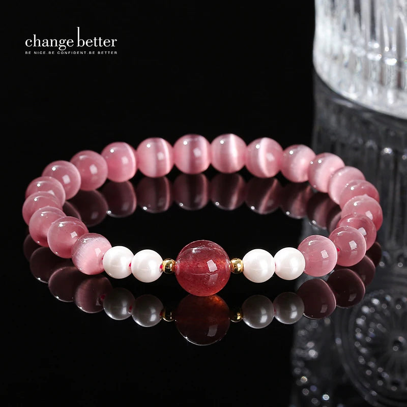Change Better Natural Fuchsia Cat Eye Stone Strawberry Quartz Lucky Bead Bracelet Women Trendy Simple Strand Bangles Party Gifts