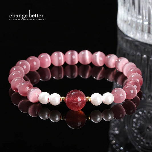 Change Better Natural Fuchsia Cat Eye Stone Strawberry Quartz Lucky Bead Bracelet Women Trendy Simple Strand Bangles Party Gifts