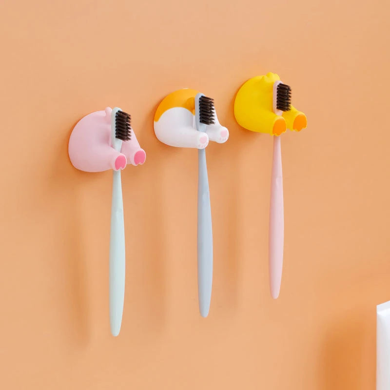 Cartoon Animal Tail Toothbrush Holder Punch-Free Wall Hook Cute Self-adhesive Bathroom Towel Hook Children Toothbrush Holder