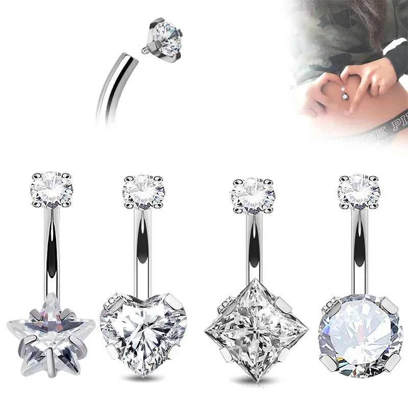 G23 Titanium PIERC Internal Thread Navel Piercing Dangle Body Sexy Belly Button Rings Zircon Square Heart Prong Set Navel Rings