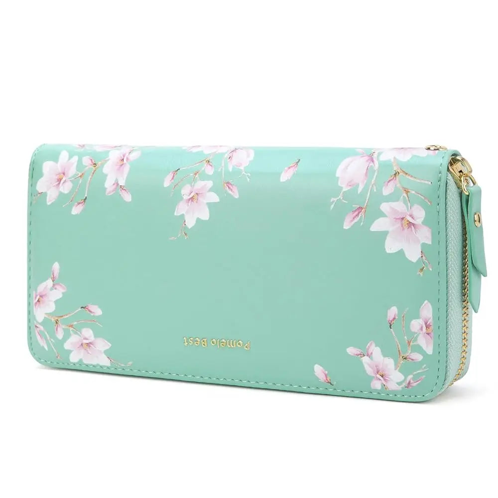 Tejesa RFID Blocking Leather Multi Credit Card Large Capacity Zip Around Wallets Clutch Wristlet Travel Flower Long Purse for Women