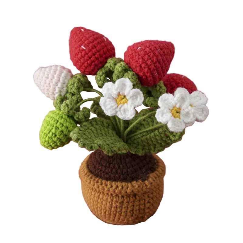Hemasa Strawberry Crochet Potting Cute Kintted Flowers /Handwoven Flowers for Table Car Bookshelf Home Decor Gift Crochet Strawberry