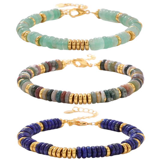 Tejesa Rondelle Natural Stone Flat Beads Bracelets For Women Men /Green Aventurine Lapis Lazuli Indian Agates Chain Bracelet Jewelry