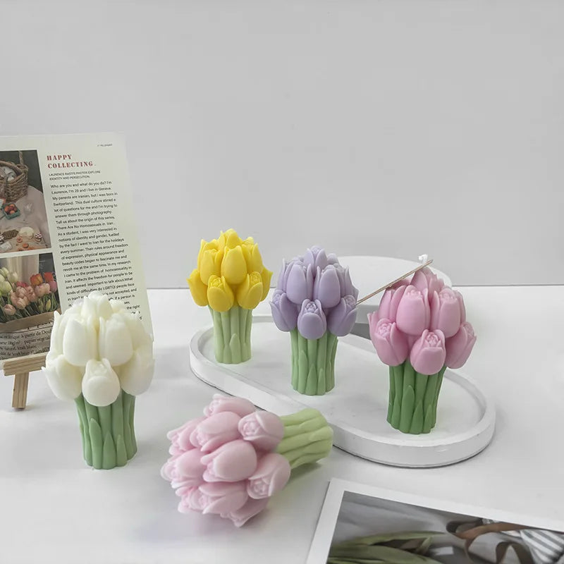 Hemasa 3D Tulip Bouquet Silicone Candle Molds Handmade Lavender Flower Soap Plaster Resin Crafts Mold DIY Chocolate Cake Baking Tools