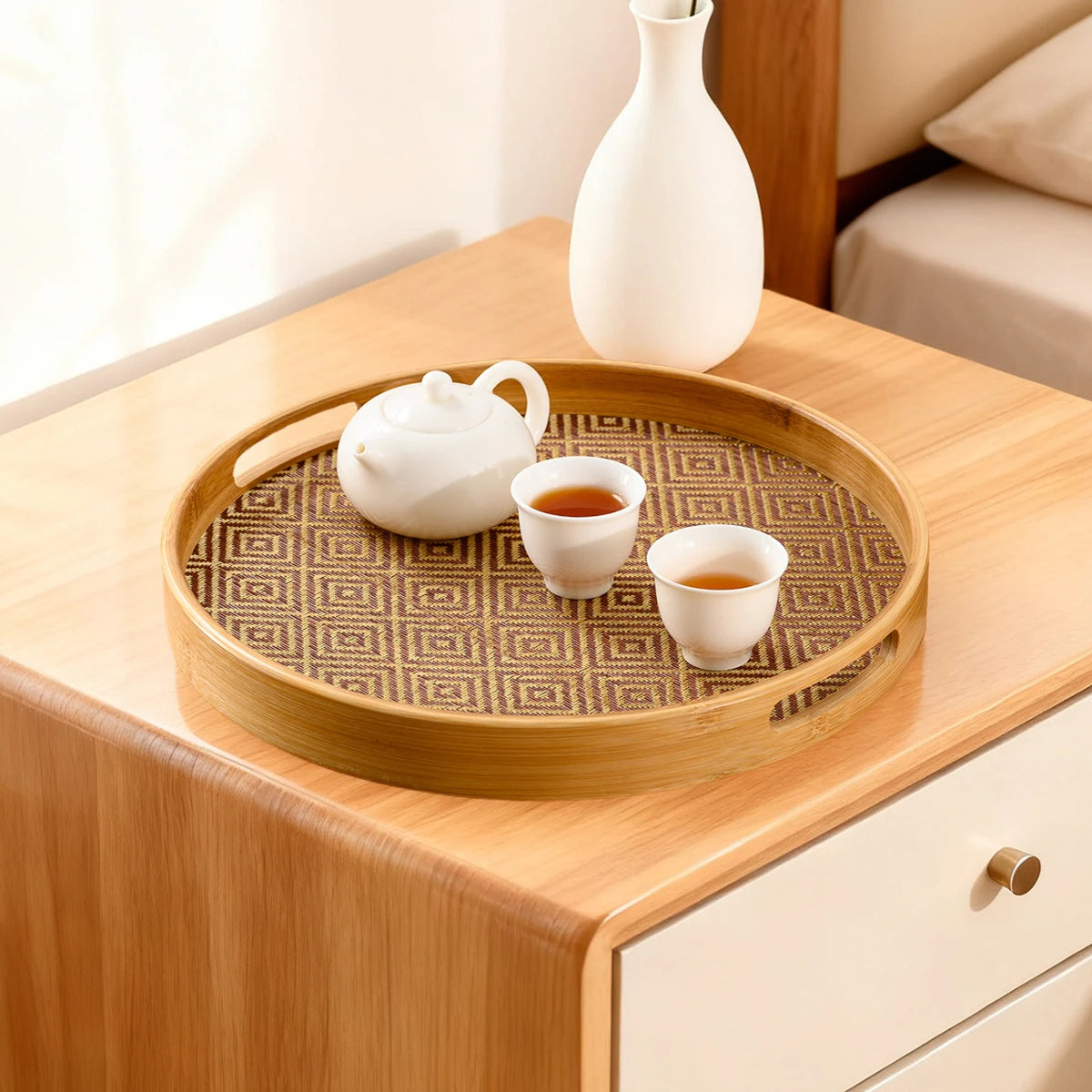 Tejesa Bamboo Round Tray 15.8" Handles / Multi-Purpose Home Kitchen Beverage Storage Restaurant Platter