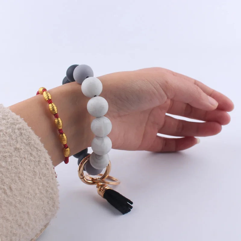 Creative Wooden Silicone Round Beads Keychain Men Women Anti-Loss Keyring For Lobster Clasp Tassel Bracelet Keychain Jewelry