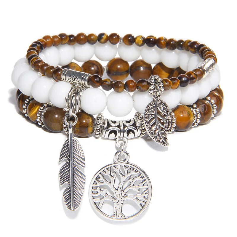 3Pcs Fashion Natural Stone Beads Bracelet 8mm Beads Tree of Life Pendant Bracelet Men Women Beaded Charm Bracelets Jewelry