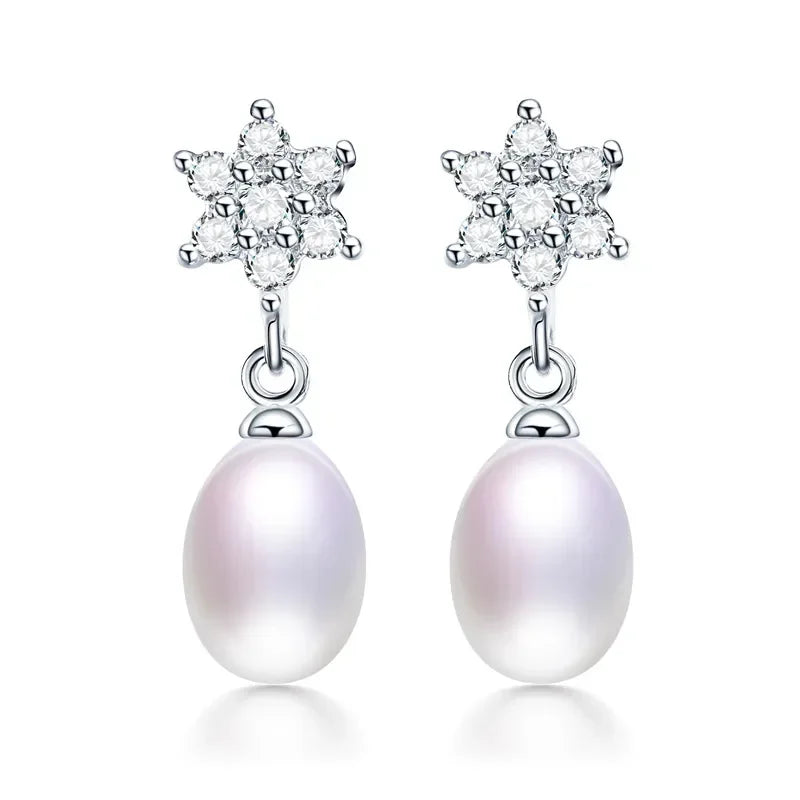 YWYC 8-9mm Natural Freshwater Pearl Earrings Jewelry Gift Hexagram Star 925 Sterling Silver Zircon Drop Earrings for Women