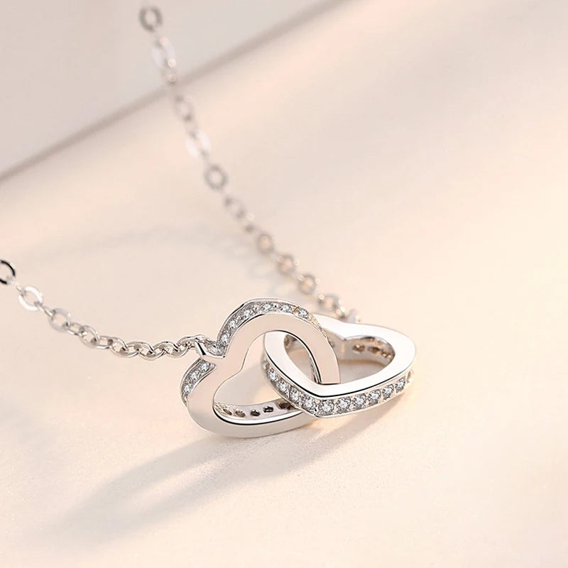 Hot Sale Fashion Double Love Heart Zircon Pendant Necklace 925 Sterling Silver Rose Gold Rhinestone Necklaces Women Jewelry Gift