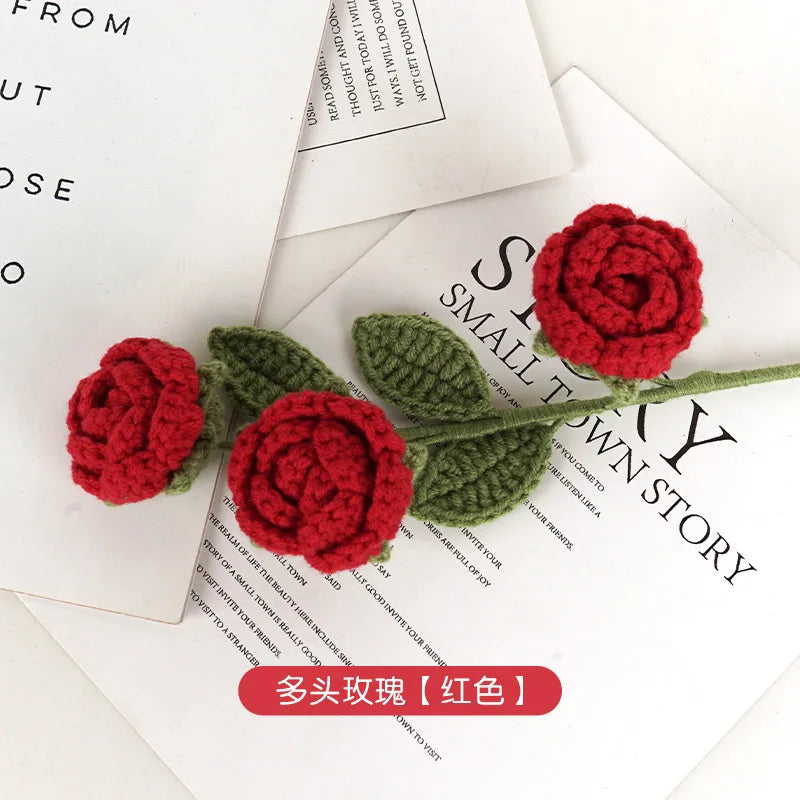 Hemasa 3PC Rose Knit Flower Creative Crochet Flowers Bouquet Crochet Woven Flowers Wedding Decor Gift Home Decor