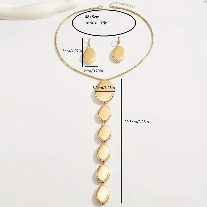 2-Piece Set Fashion Minimalist Earrings Necklace Jewelry Set Smooth Pendant Long Y-Shape Metal Style Jewelry Set