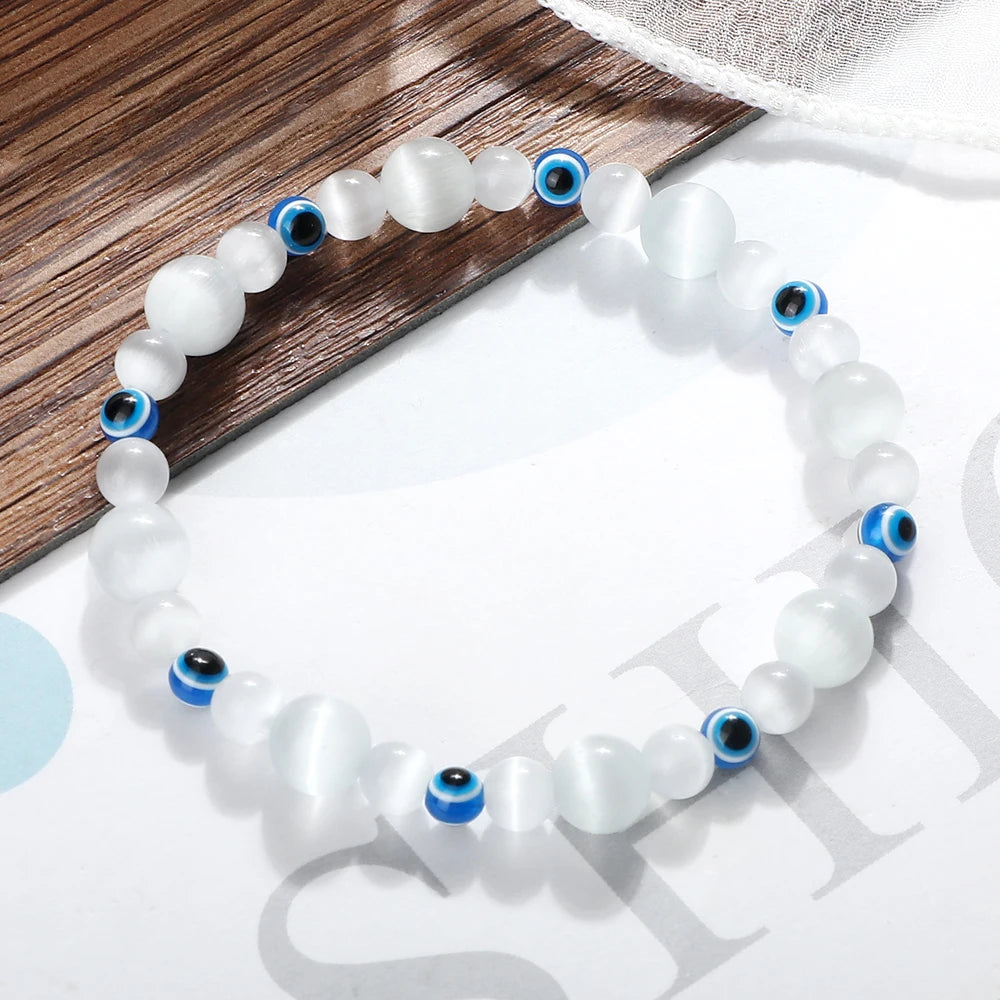 Blue Evil Eye Beaded Bracelets Natural Cat Eye Stone 6 8mm Opal Men Bangles Adjustable Women Bracelet Lucky Yoga Jewelry Gifts